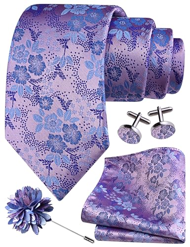 Image of GUSLESON 3.15 inch（8cm） Mens Floral Tie and Lapel Pin Necktie Hankerchief Cufflinks Set for Men