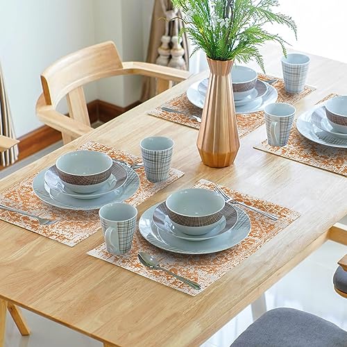 Image of Gray Orange Boho Placemats Set of 4 Ethnic Bohemian Carpet Place Mats Washable Kitchen Dining Vintage Grey Geography Floral Linen Table Mats Stain Heat-Resistant Cloth Tabel for Home Party 12x18 in