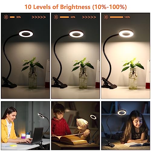 Clip-on Desk Lamp for Reading and Home Office - 10 Brightness Levels, 3 Modes - Bed Headboard or Craft Table Clamp Light