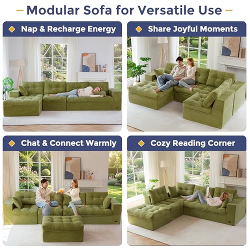 Image of MAXYOYO 132 inch L Shaped Modular Sectional Sofa with Ottoman, Cloud Boneless Couch with Layered Cushion, Upholstered Sofa in a Box, Flexible Module Combination for Living Room, No Assembly, Green