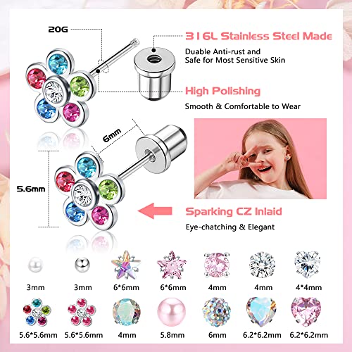 YADOCA 14 Pairs Hypoallergenic Screw Back Earrings for Girls Kids Women 316L Surgical Stainless Steel Earrings for Sensitive Ears Cute Tiny Screwback Stud Earrings for Kid Toddler Little Girls3