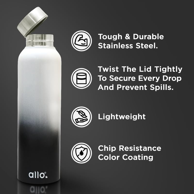 Image of Allo Stainless Steel Water Bottle For Adults, Kids 1 Litre Water Bottles For School, Office, Sports, Gym 1L Water Bottle For Men And Women, Pack Of 2| Leak Proof, Bpa Free, Dark Grey & White Black