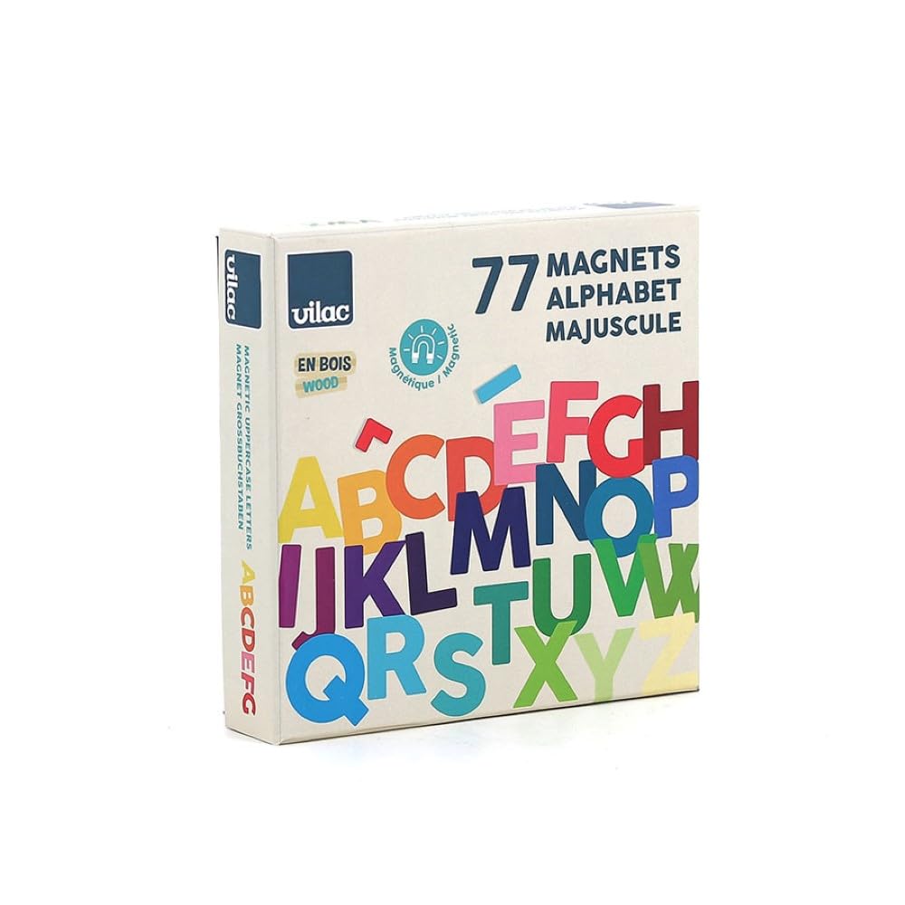 VILAC - Großbuchstaben-Magneten, 77 Stück, kreatives Spielen, 77 Magnete aus Holz, Lernspiele für Kinder aus Holz, Spielzeug für Kinder ab 3 Jahren – 6705