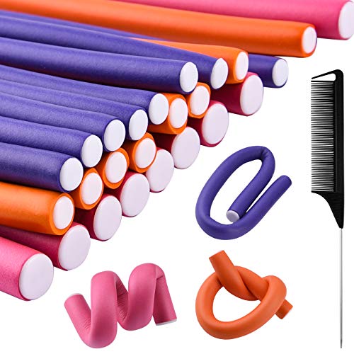 KONUNUS 30 Pieces Flexible Curling Rods Twist Foam Hair Rollers Foam Hair Rods and 1 Steel Pintail Comb for Long and Short Hair（Different Specifications）