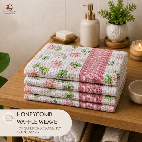 Image of Cotton Rich Printed Waffle Hand Towel | Lightweight | Anti Microbial & Water Absorbent | Soft Touch Quick Drying Towels (Lotus Serene, Pack of 4)
