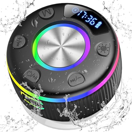 Altavoz Bluetooth Ducha 5.3, IP7 Impermeable Altavoz Ducha con Luces RGB, Ventosa Fuerte, 8H Estéreo, Manos Call Libres, Pantalla LED, Altavoces Bluetooth Portátil para Baño Exterior Piscina Fiesta