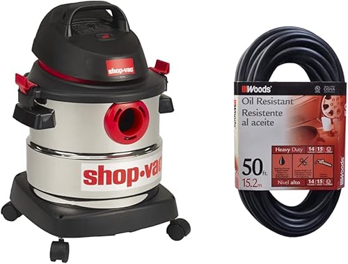 Shop-Vac 5989300 - Aspiradora en seco y húmedo de acero inoxidable de 5 galones y 4.5 picos de HP + Woods 982452 SJTOW de 50 pies para uso agrícola