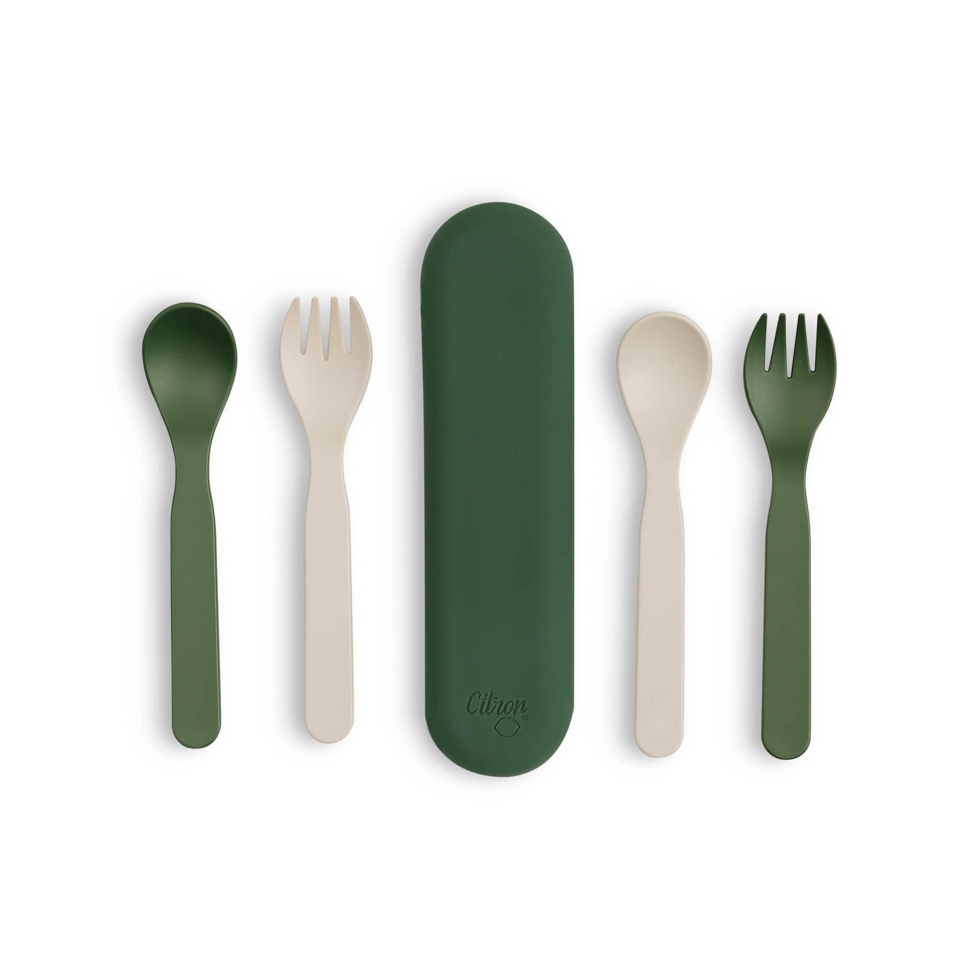Citron Citron- Unbreakable Cutlery and Case Set of 5 | 100% Organic | Reusable, Biodegradable, Environment friendly, & Unbreakable- Green/Cream