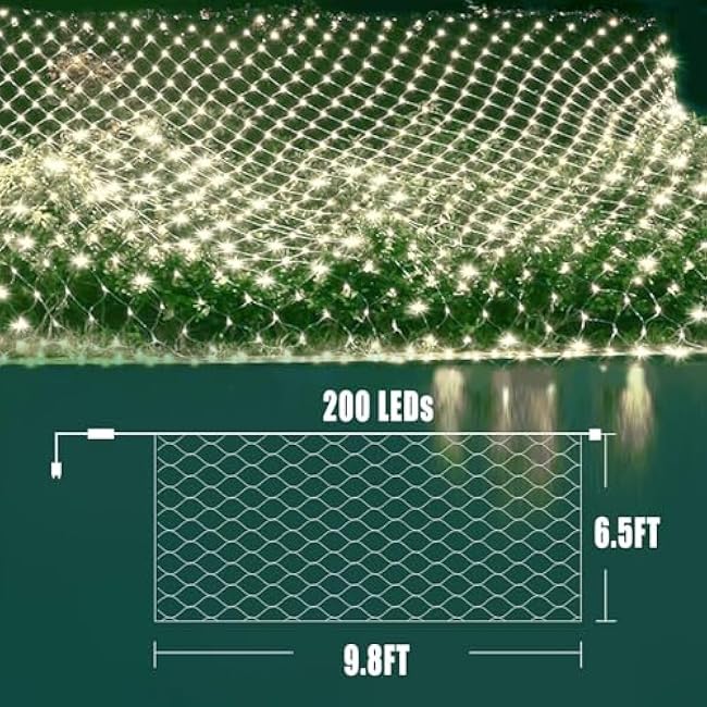 Christmas Net Lights Outdoor Mesh Lights 200 LED Net Mesh String Lights Plug in 9.8ft x 6.6ft Fairy Lights W/8 Modes Waterproof Lights for bushes,shrubs,Indoor,Christmas Tree,Halloween Decorations
