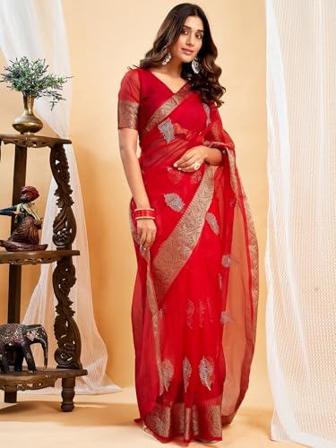 Image of Satrani Women's Organza Sequins Embroidery Jacquard Saree with Unstitched Blouse Piece