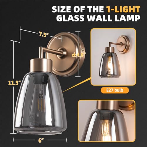 Image of Smoked Gray Glass Wall Light Dia 6 inch Wall Lamp with Glass Shade Vintage Vanity Lighting Fixture with Metal Base Flush Mount Wall Sconce 1-Light for Bathroom, Bedroom, Bedside, Entryway