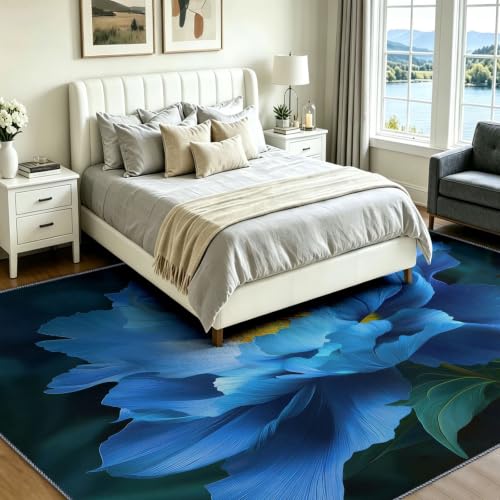 Alfombra lavable 90x150 con base antideslizante y diseño floral de peonías azul para interior 4