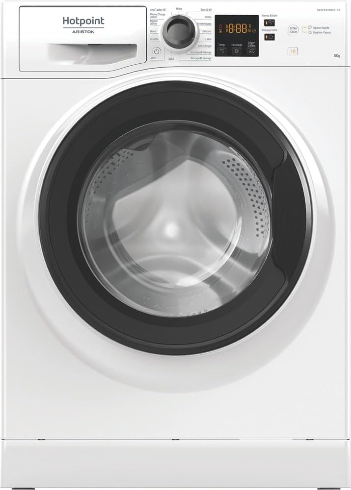 Hotpoint - NS8489WKFR Lave-linge Hublot Posable - Capacité 8kg - Essorage 1400 tr/min - Écran Digital, Pesée Automatique - H 85 x L 59,5 x P 60,5 cm - Classe Énergétique A - Blanc