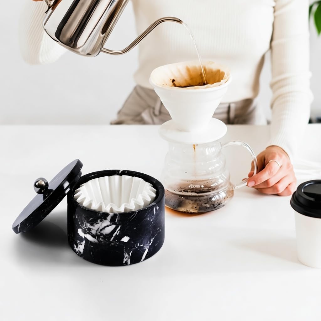 Marble Coffee Filter Holder – 6 inch Handmade Black Coffee Filter Holder with Lid, Storage Organizer for Kitchen Countertop & Bar Decor