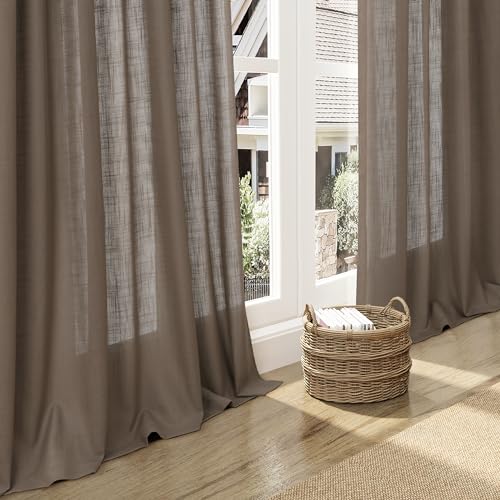Image of Nanspring Dark Taupe Curtains 80 Inches Length for Living Room Back Tab Rod Pocket Semi Sheer Linen Drapes Muted Neutral Boho Linen Textured Window Curtain for Dining Room Bedroom 52X80 Inches