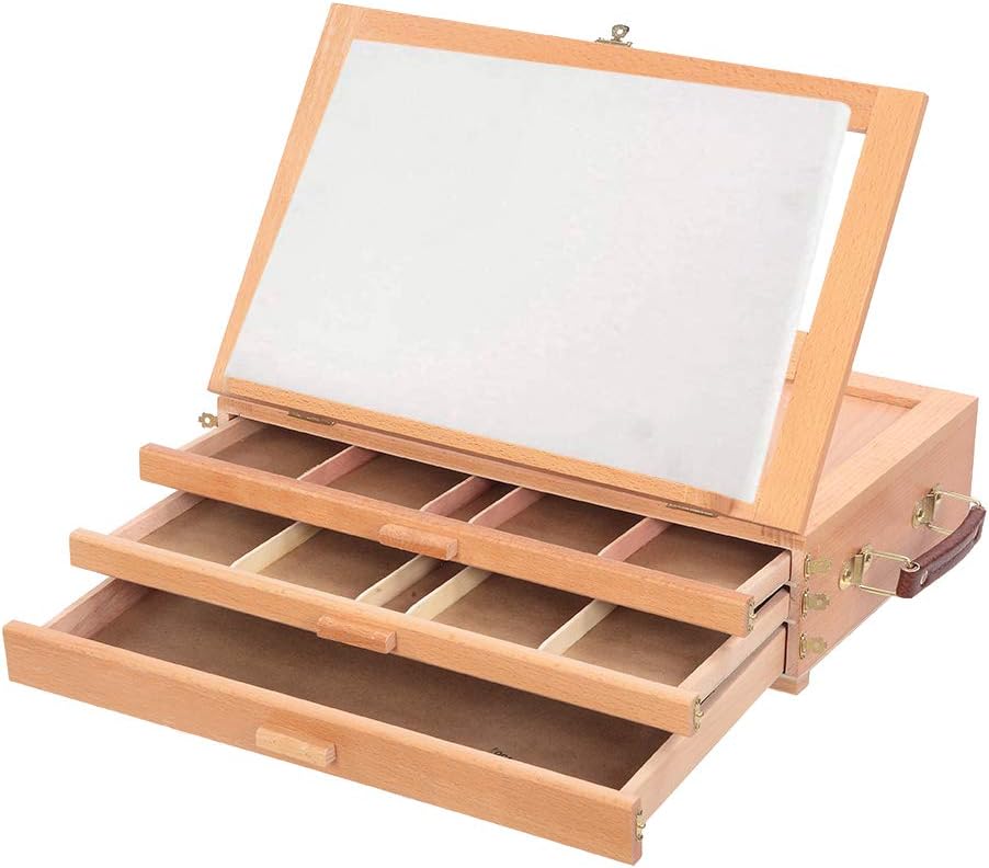 Crazyworld Tabletop Art Easel, Portable Beech Easel Displaying Stand, Adjustable Wood Table Sketchbox Easel, Desktop Artist Easel with 3 Layers Drawer