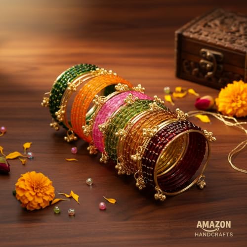 Image of Kashmiri Ghangharoo Glass Bangle Set for Women| Light Weight Bangles | Traditional Transparent Fancy Glass Chudi Set for Wedding, Party|Set Of 16(12 Glass + 4 ghungroo bangles)