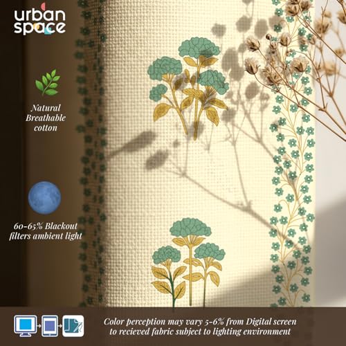 Image of Urban Space 100% Cotton Floral Curtains 8 Feet Long Set of 2, 60-65% Room Darkening, Decorative Curtains with Eyelets /Rings for Hanging, Tieback Included (Grove Sage Green, Long Door - 8 Feet)