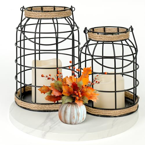 Lumeavetra Rustic Farmhouse Decorative Lantern Set of 2, Boho Lanterns with LED Candles, Modern Farmhouse Indoor Outdoor Decor for Living Room Patio Porch Fireplace Kitchen Dining Table Centerpiece