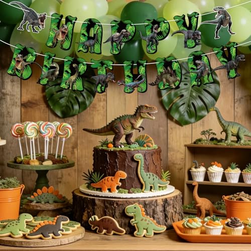 Image of Hooqict Dinosaur Birthday Party Banner Dinosaur Birthday Decorations Happy Birthday Banner Garland Sign for Kids Boys Girls 1st 2nd 3rd Baby Shower Dino Themed Party Decorations Supplies