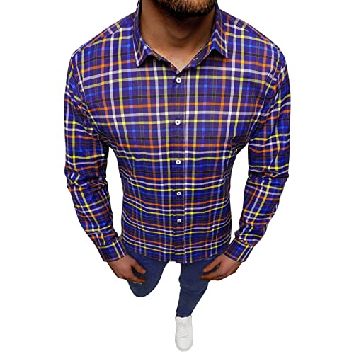 Chemise à manches longues en coton pour homme, coupe classique, sans repassage, chemise boutonnée, chemise formelle à carreaux, chemise en flanelle, violet, XXL