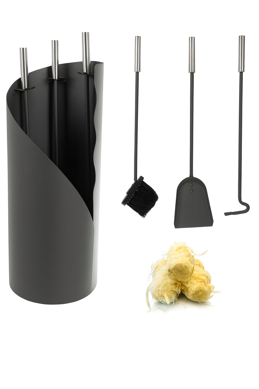 Kaminbesteck Kaminzubehör Set Kaminwerkzeug Ofenbesteck Anthrazit 4-in-1-Set mit Besen, Schaufel, Eisenhaken, Ständer + Gratis Holzwolle Anzünder ca. 22 Stück