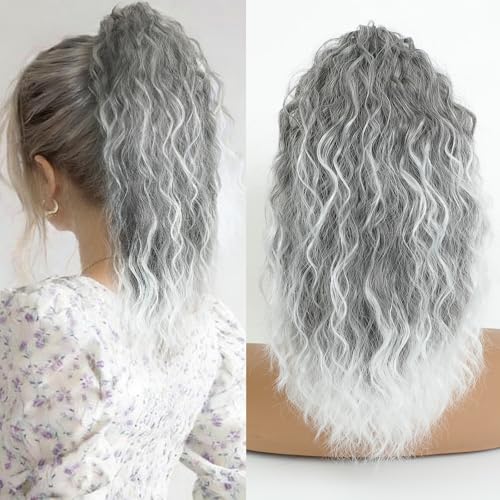 Image of Claw Clip Ponytail Extension 16In Long Wavy Curly Hair,Ombre Grey