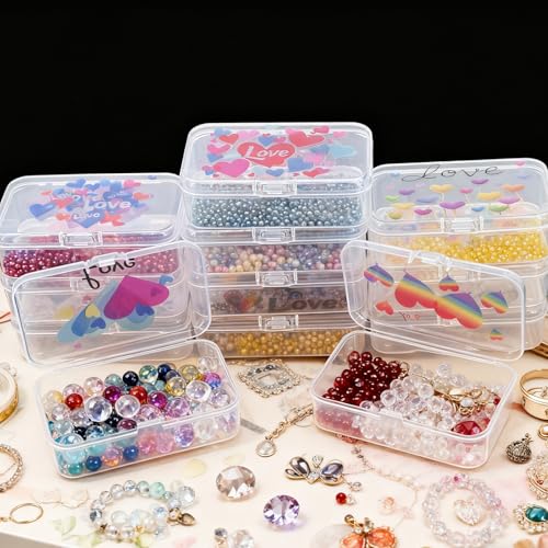 Image of Goodma 12 Pieces Love Hearts Image Pattern Rectangular Plastic Boxes Empty Storage Organizer Containers with Hinged Lids for Small Items and Other Craft Projects, 3.3 x 2.2 x 1 inch (Transparent)