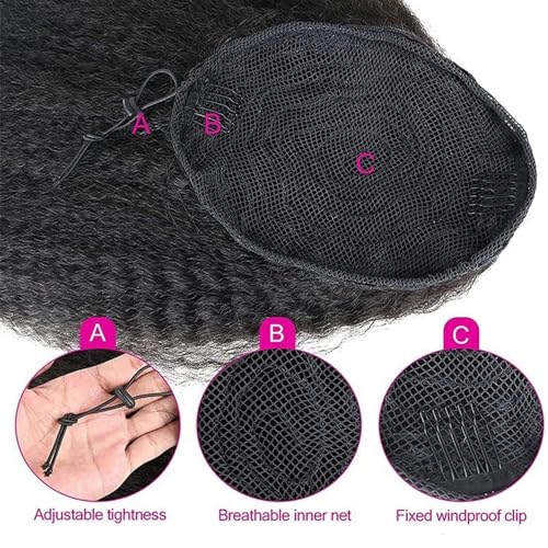 Seelaak Wrap Drawstring Kinky Straight Human Hair Ponytail For Balck Women Yaki Straight Remy Human Hair Ponytail Extension 10A Grade Afro Yaki Clip In Pony Tail Hairpiece 120G Natural Color thumb #2