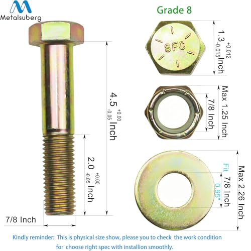 Image of 7 /8 inch x 4-1 /2 inch Hex Head Bolt by Color Galvanization with Nylon Lock nut and Large Size Washer Assortment Kit,Alloy Steel,Grade 8.(4pcs Pack),by Metalsuberg