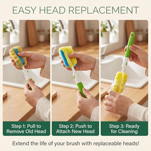 Image of 3PCS Replaceable Cleaning Bottle Sponge Brush Sponge Cup Brush Set with 3 Replacement Brush Head Portable Long Handle Water Bottle Cleaner Brush for Water Bottle Glasse Bottle Mugs Cup (Color Random)