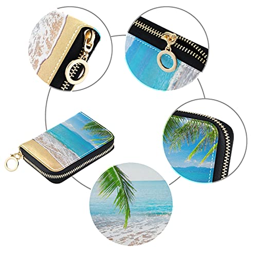 Tropical Palm Trees Sea Beach Credit Card Coin wallet, RFID Blocking Compact Women Leather Card Holder, Key Change Organizer, Zipper Purse Clutch Pouch Pocket3