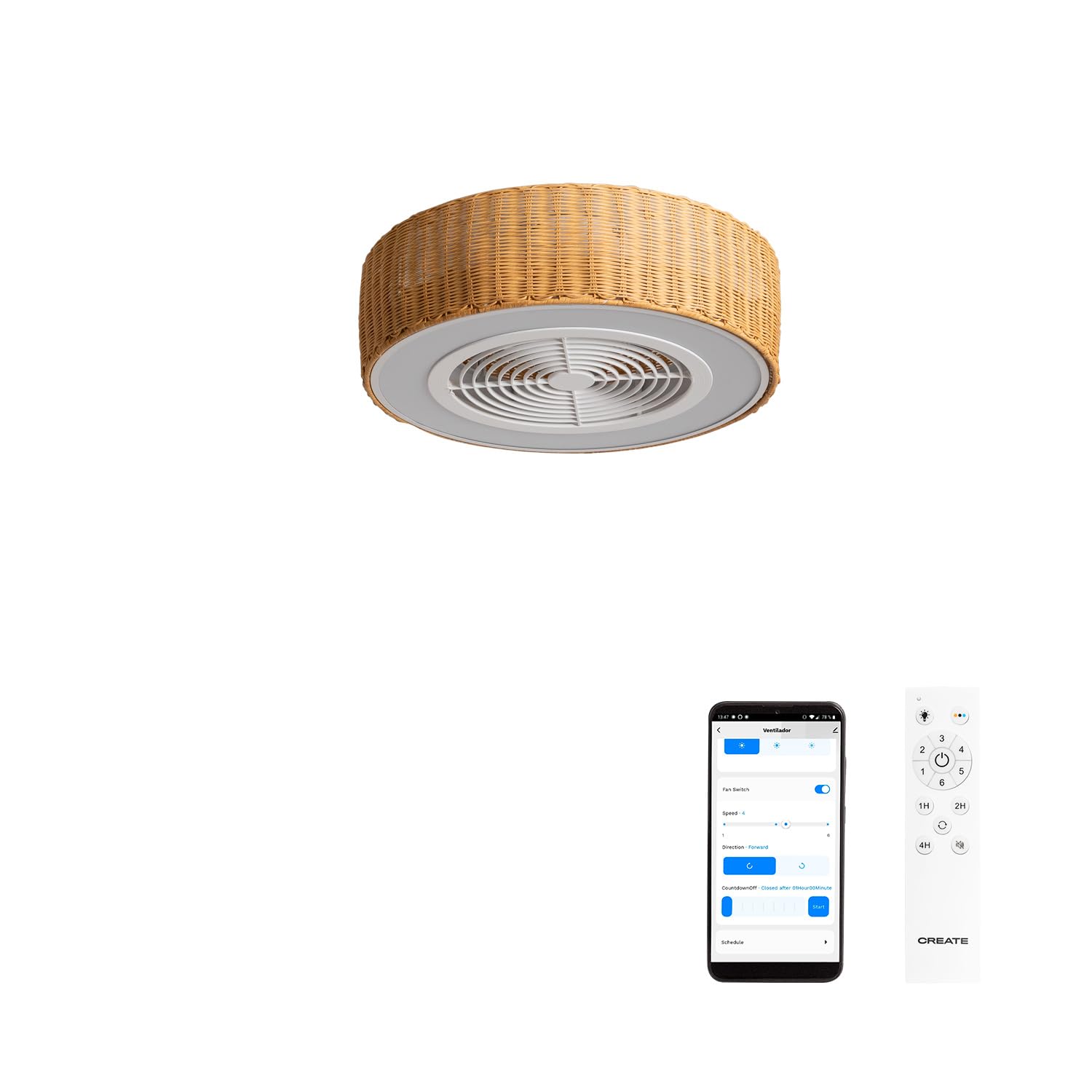 CREATE / WIND CLEAR EASY S/Ventilador de techo con aspas ocultas ratán con wifi y mando / 40W, Silencioso, Ø50 cm, luz LED 3 temperaturas, temporizador, función verano-invierno