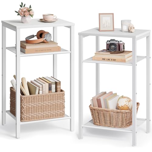 Image of Hoctieon 2-Set 3 Tier End Table, Telephone Table Set of 2, Tall Side Table with Storage Set of 2, Small Nightstand for Small Spaces, Metal Frame, White