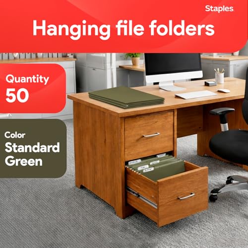 Image of Staples Hanging File Folders, Legal Size, 1 /5-Cut Tabs, Green, 50 /Pack | Reinforced top for durability; organizes documents in standard-size drawers.