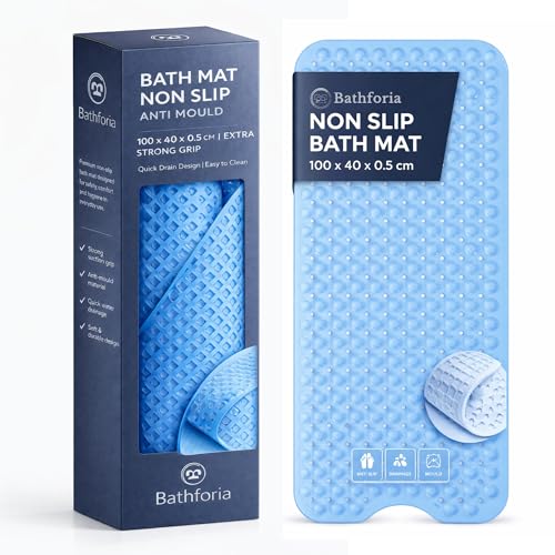 Bathforia Non Slip Bath Mat - Extra Long Non-Slip Anti Mould Shower Mat - Machine Washable Anti Slip Bathroom Floor Mats with Strong Rubber Suction Cup Grip - Blue 100 x 40 x 0.5 cm