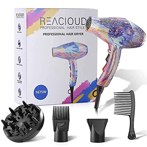 REACLOUD Hair Dryer, 1875W Professional Hair Dryer with Diffuser (with Powerful AC Motor), Infrared Technology, 2-Speed 3-Heat Setting, Quick Drying Blow Dryer (Colorful)