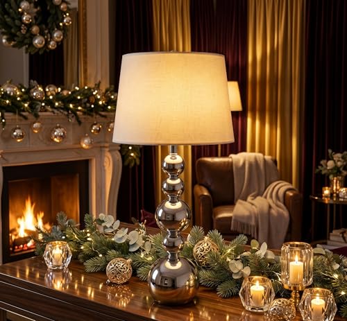 Image of Silver Metal Ball Table Lamp with Neutral Linen Shade - 5-Tier Spherical Base Design - Premium Brass Finish Accent Light for Modern Home Interiors & Bedside Tables
