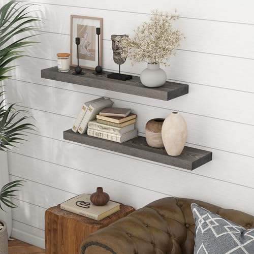 Image of Marsmiles Floating Shelves for Wall - Small Grey Wood Floating Shelves Set of 2-16 Inch Wide x 7.7 Inch Deep x 1.6 Inch Thick Rustic Grey Wooden Shelves for Room Wall