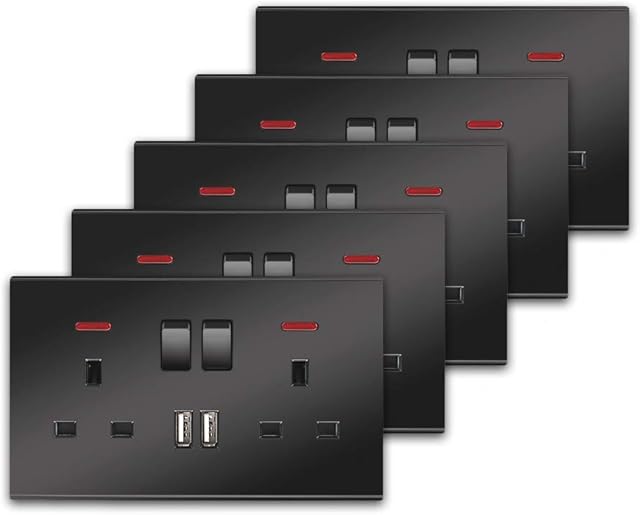 5 Pack CNBINGO Double Switched Power Socket with 2 USB Charging Ports, Screwless Flat Plate, Power Indicator, 2 Gang, 13 Amp, Black