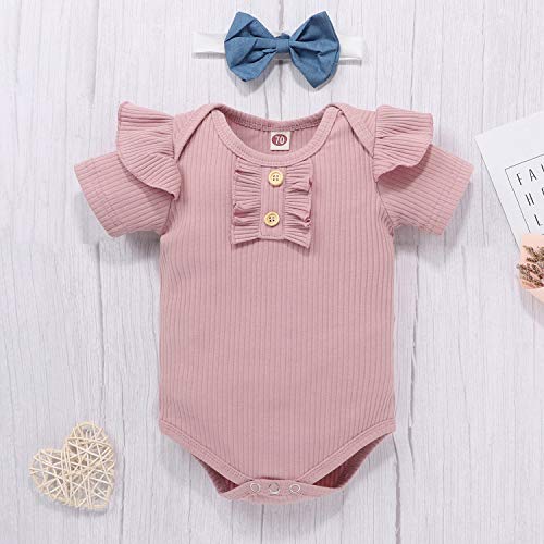 Infant Baby Girls' Bodysuit Shorts And Headband Set, Toddler Short-Sleeved One-Pieces Shorts Pants (Peach Pink, 0-6 Months) #TOP6