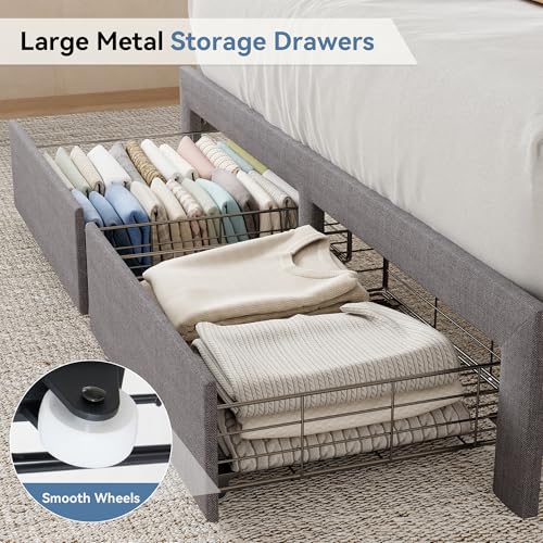 Image of Queen Size Storage Bed Frame, Square Tufted Headboard, Platform Bed with 2 Underbed Drawers at Foot, Wooden Slats Support, No Box Spring Needed, Dark Gray