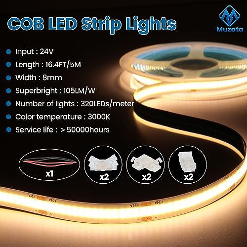 Tira LED COB 5 metros color blanco cálido 3000K Muzata miniatura 3