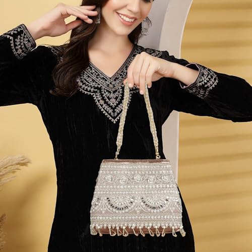 Image of Nevis Stylish Embroidery Unique Design Traditional Wedding Party Handheld Potli Bag For Women (ROSE GOLD)
