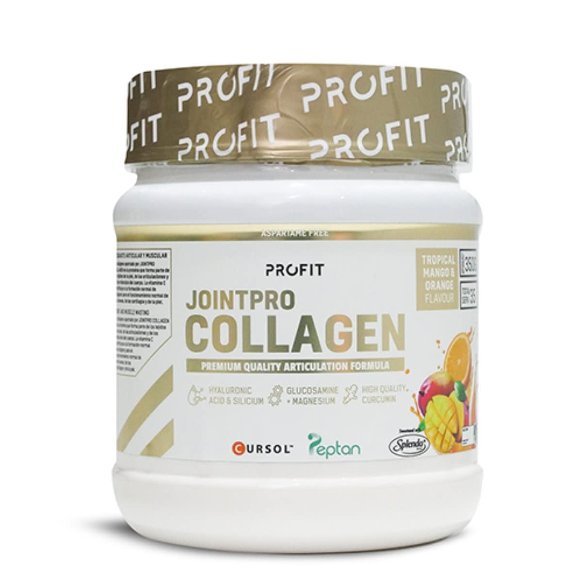 PROFIT - JointPRO Collagen - Combinado de colágeno PepTan con magnesio, zinc, condroitina, cúrcuma y CURSOL. Para mantener una correcta salud ósea - Sabor Mango Tropical Naranja - 350 gr = 35 serv.