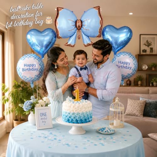 Image of Propsicle Bow Foil Balloons for Birthday Decoration Blue Boys | Bow theme foil balloon set for kids birthday party with star and round balloons