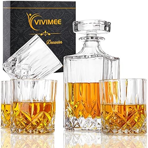 5 Piece Crystal Whiskey Decanter & Whiskey Glasses Set, Vivimee Whiskey Decanter and 4 Cocktail Glasses, Whiskey Decanter with Ornate Stopper, Exquisite Whiskey Decanter Set, Elegant Bar Glasses Set Cover