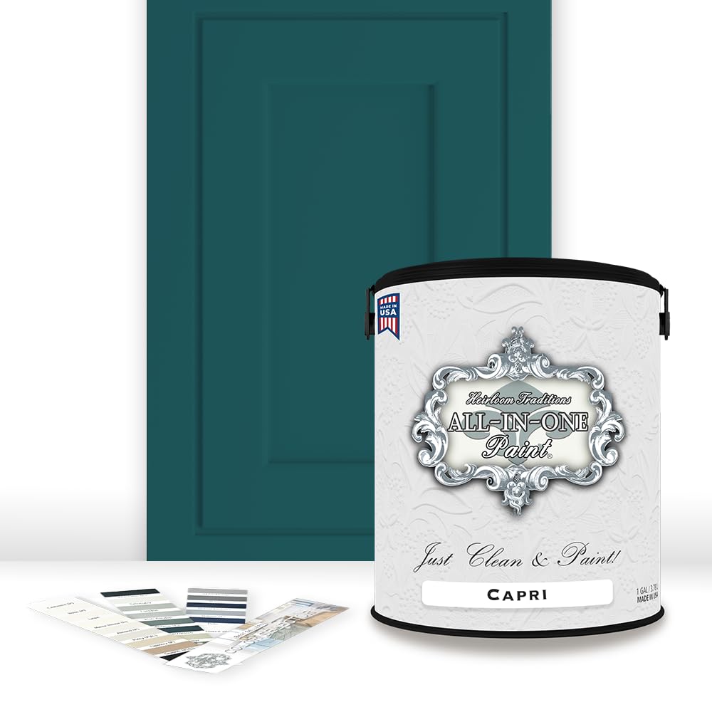 ALL-IN-ONE Paint, Capri (Green Teal), 128 Fl Oz Gallon. Durable cabinet and furniture paint. Built in primer and top coat, no sanding needed.