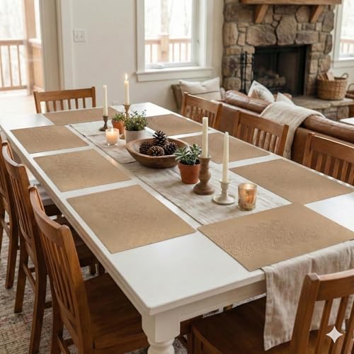 Image of YELONA Placemats Set of 8, Heat-Resistant Woven Vinyl Table Mats, Non-Slip & Washable Dining Tablemats for Kitchen & Dinner Decor, Wood Brown (45cm x 30cm)