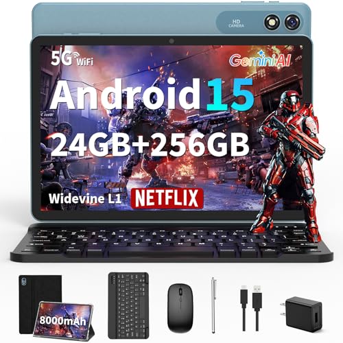Tablet with Keyboard - 24GB RAM+256GB ROM(2TB Expand), Android 15 Tablet with Octa Core, 5G/2.4G WiFi, 8000mAh, BT V5.0, with Case, Mouse, Stylus, Split-Screen, Widevine L1, Face Unlock(Black Case)
